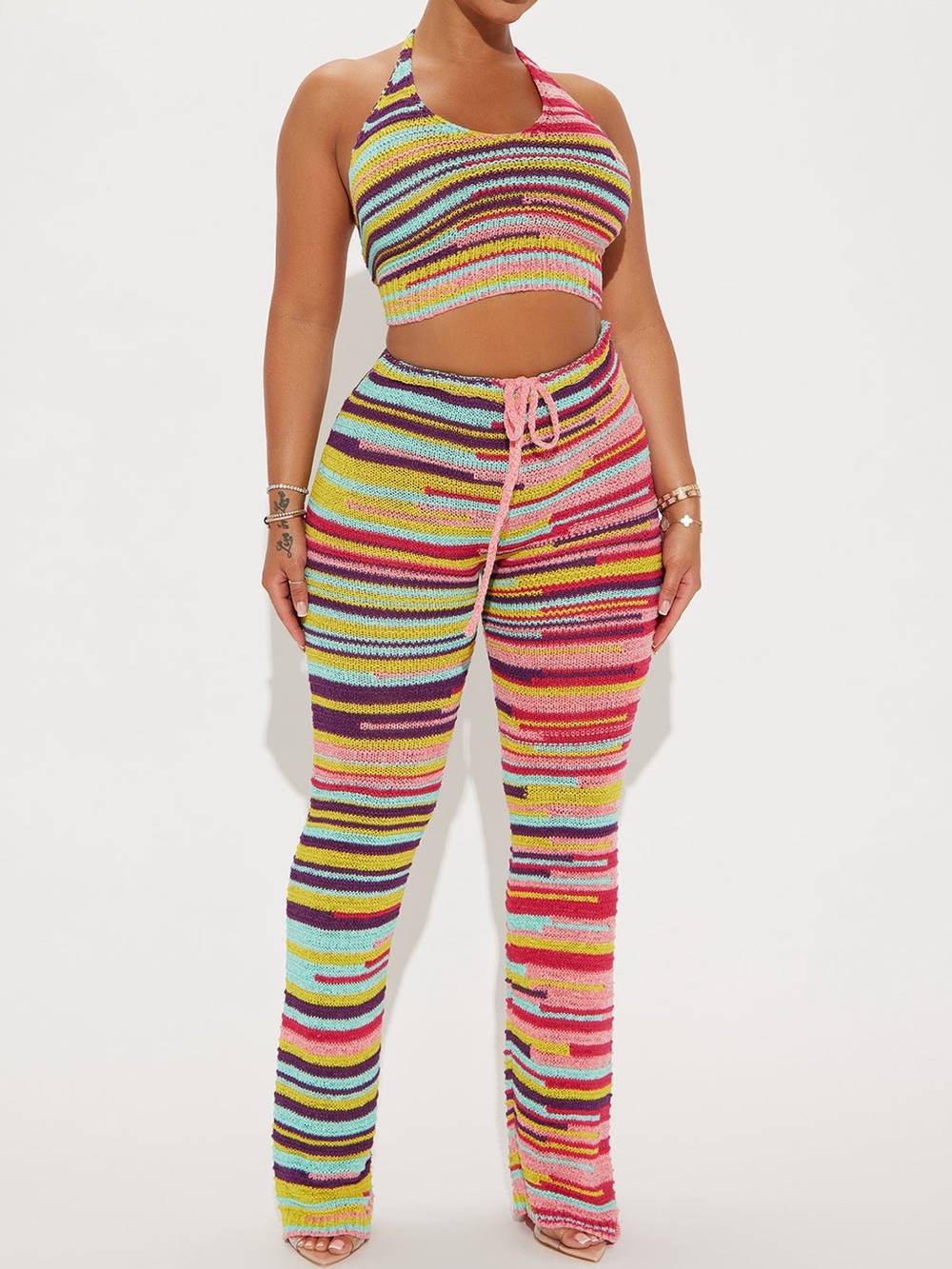 NWOT Fashion Nova Multicolor Striped Knit Boot Cut Pants & Halter Top Set